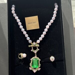 Heidi Daus Pastel Lilac Necklace with Green Crystal Drop and matching earrings